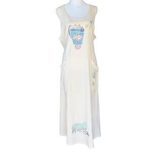 Vintage Focus Cat Graphic Dress S Maxi Cotton 90s Folk Art Novelty Relaxed USA